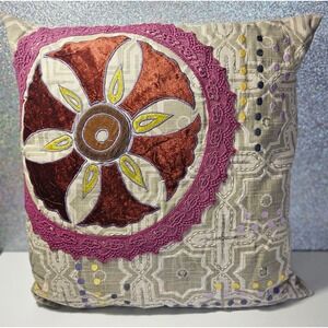 Anthropologie-style Floral Chic Velvet Lace Beaded‎ Boho Medallion Accent Pillow